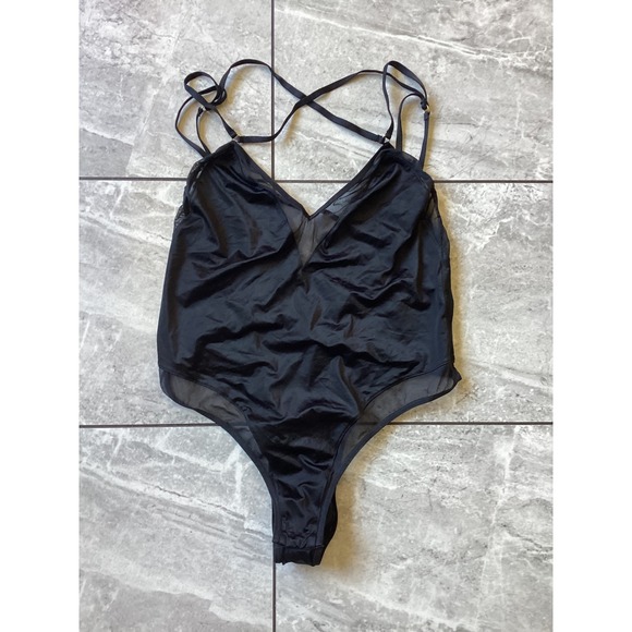 Victoria's Secret Tops - Victoria's Secret Black Mesh Panel Strappy Back Bodysuit L Large Gold Hardware